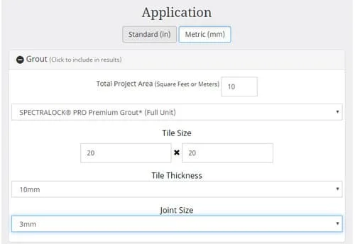 Laticrete epoxy grout coverage calculator screenshot